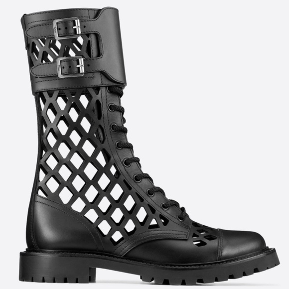 Dior D-Trap Black Leather Cut Out Military Combat Lace Up Tie Mid Calf Boots 36 - Picture 1 of 1